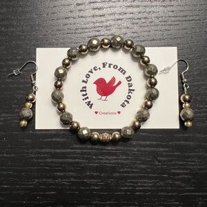 Pyrite and Gold Hematite Bracelet and Earrings Classic Jewelry